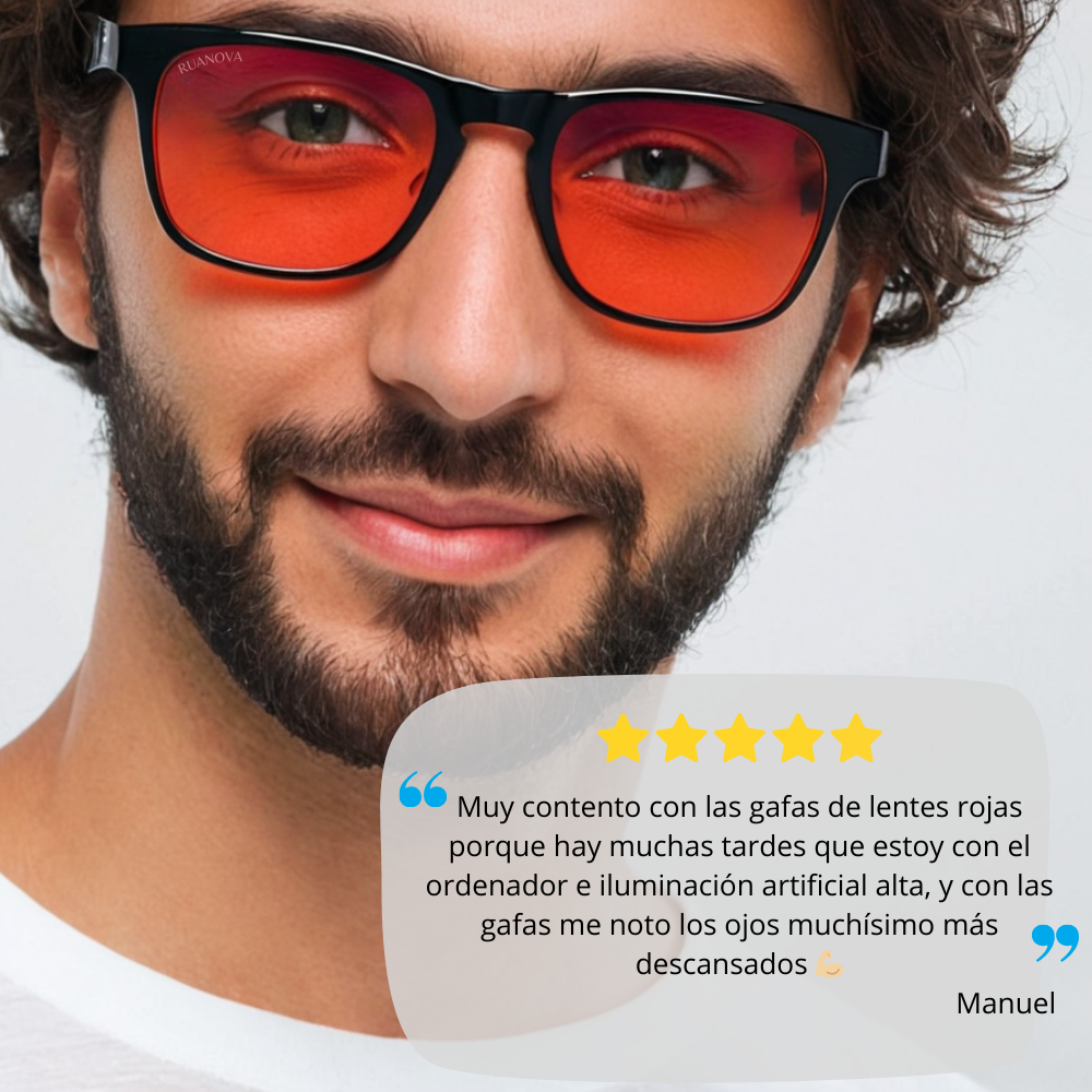 Lentes Rojas Ébano: Bloqueo Luz Azul – Mejora tu Sueño y Salud