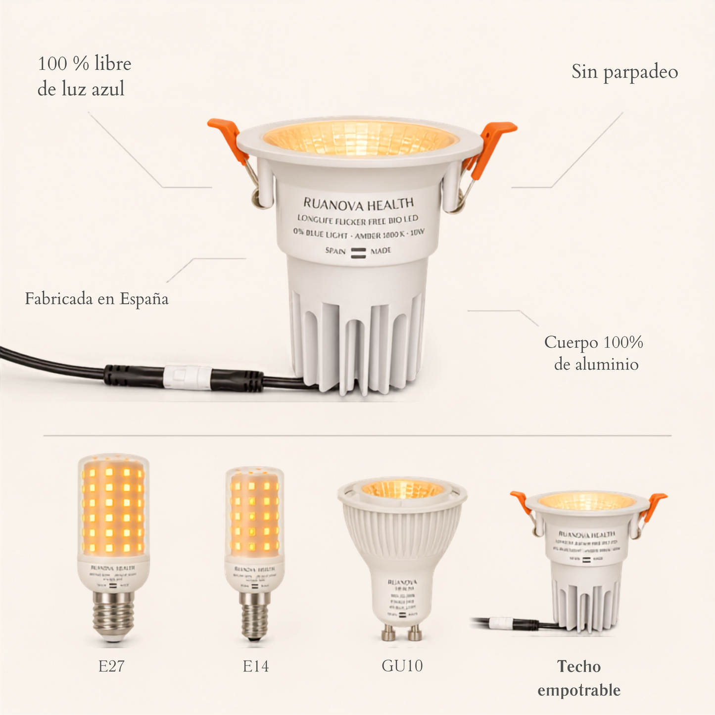 Plafonnier LED BIO Ambre 1800K · Sans scintillement · Sans lumière bleue — Downlight encastrable (découpe Ø75mm)