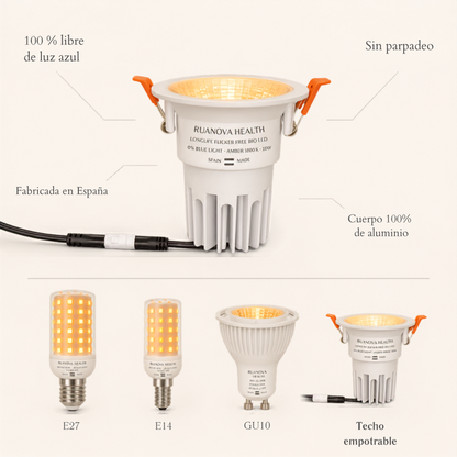 Plafonnier LED BIO Ambre 1800K · Sans scintillement · Sans lumière bleue — Downlight encastrable (découpe Ø75mm)