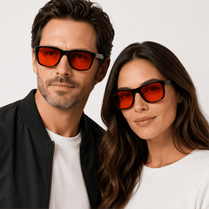 Lentes Rojas Ébano: Bloqueo Luz Azul – Mejora tu Sueño y Salud